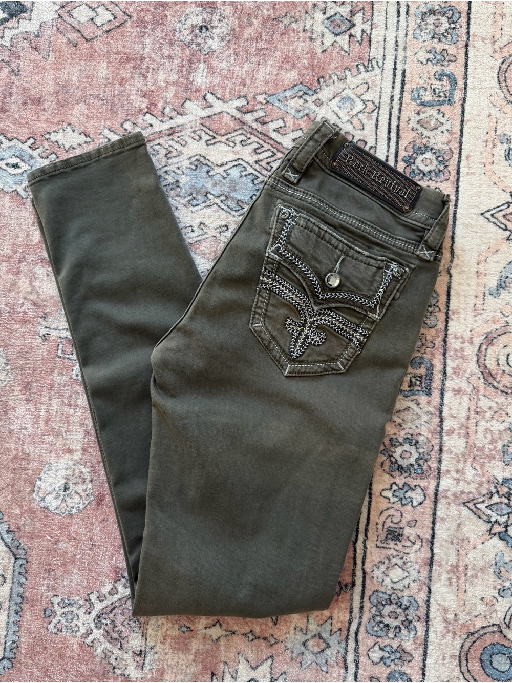 Rock Revival Olive Skinny Jeans with Embroidered Back Pocket (Size 30)